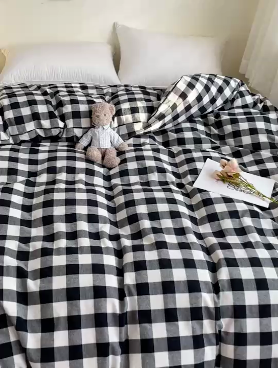 91家纺网 家纺一手货源 找家纺 大柏树 2025新款A类色织全棉水洗棉单品系列-单被套 黑白中格