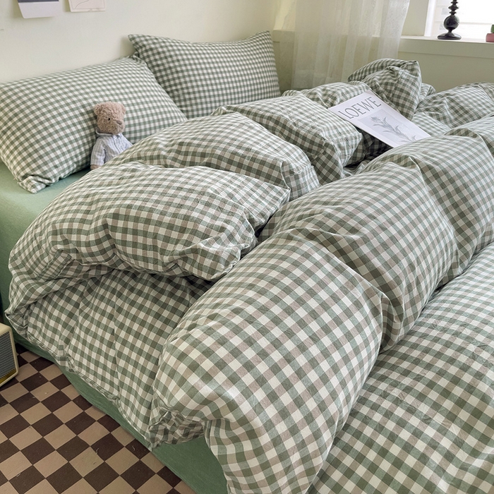 91家纺网 家纺一手货源 找家纺 大柏树 2025新款A类色织全棉水洗棉单品系列-四件套 绿小格