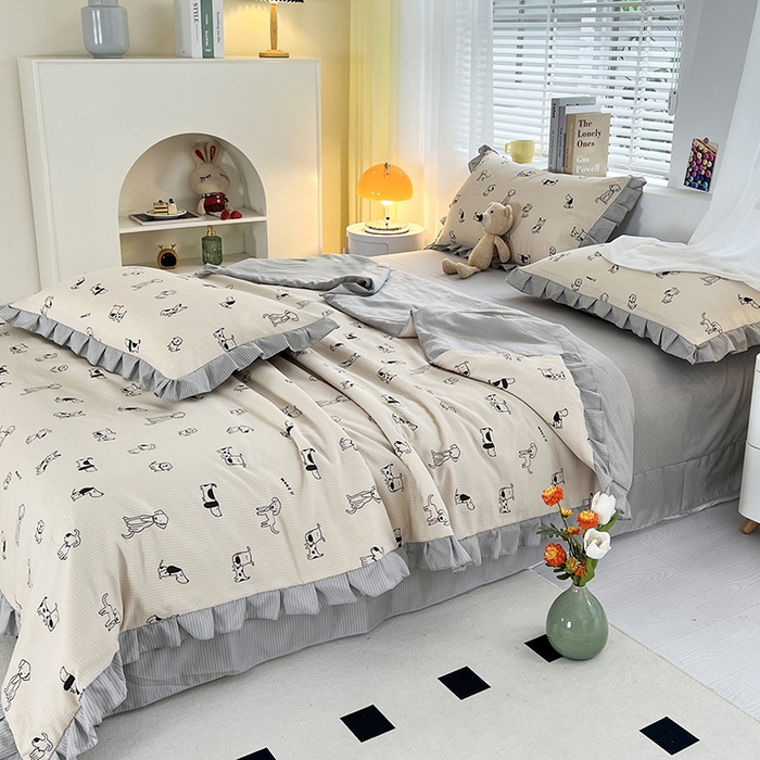 91家纺网 家纺一手货源 找家纺 富之航 2024新款时尚舒适泡泡棉夏被四件套班尼狗