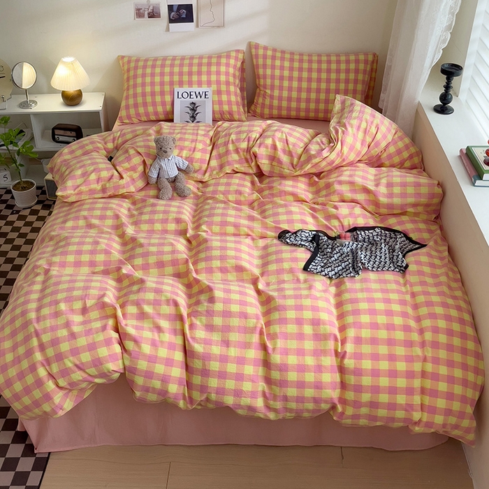 91家纺网 家纺一手货源 找家纺 大柏树 2025新款A类色织全棉水洗棉单品系列-四件套 黄粉三分格