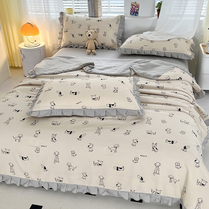 91家纺网 家纺一手货源 找家纺 富之航 2024新款时尚舒适泡泡棉夏被四件套班尼狗