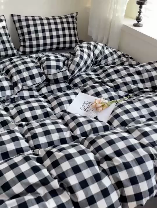 91家纺网 家纺一手货源 找家纺 大柏树 2025新款A类色织全棉水洗棉单品系列-四件套 黑白中格