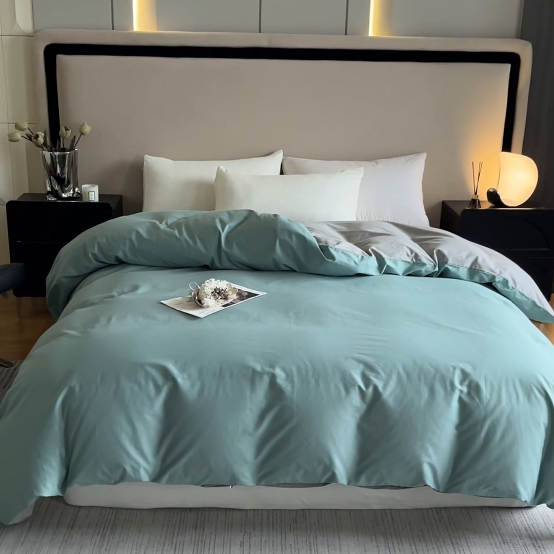 91家纺网 家纺一手货源 找家纺 澳梵2024新款60s全棉纯色单品被套 烟波绿-椰子灰