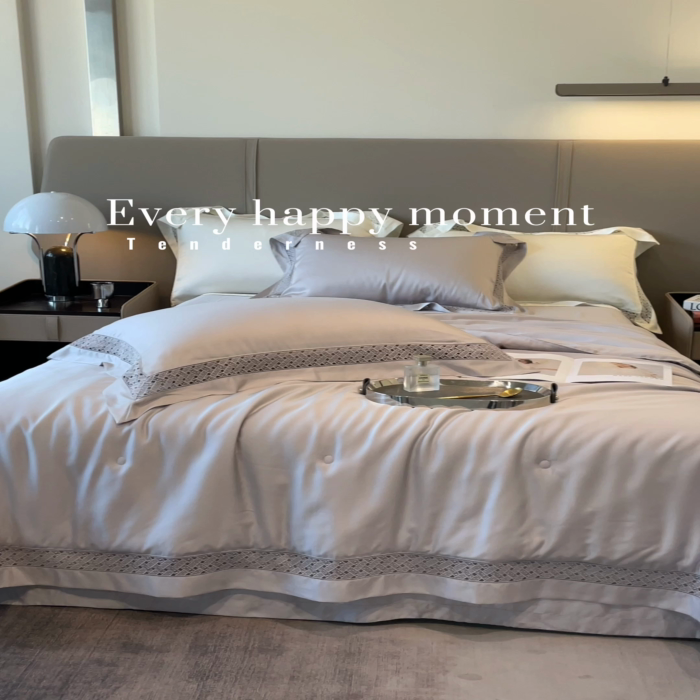 91家纺网 家纺一手货源 找家纺 佳汐蓝家纺 新款60支莱赛尔天丝镂空花边丝悦系列夏被四件套 丝悦-银河灰