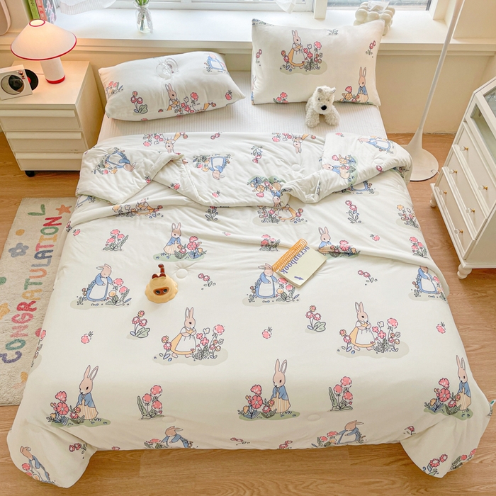 91家纺网 家纺一手货源 找家纺 沐慕 2024新款小清新加厚亲肤针织棉夏被 花丛兔