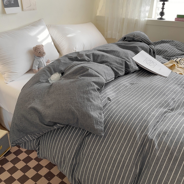 91家纺网 家纺一手货源 找家纺 大柏树 2025新款A类色织全棉水洗棉单品系列-单被套 灰细条