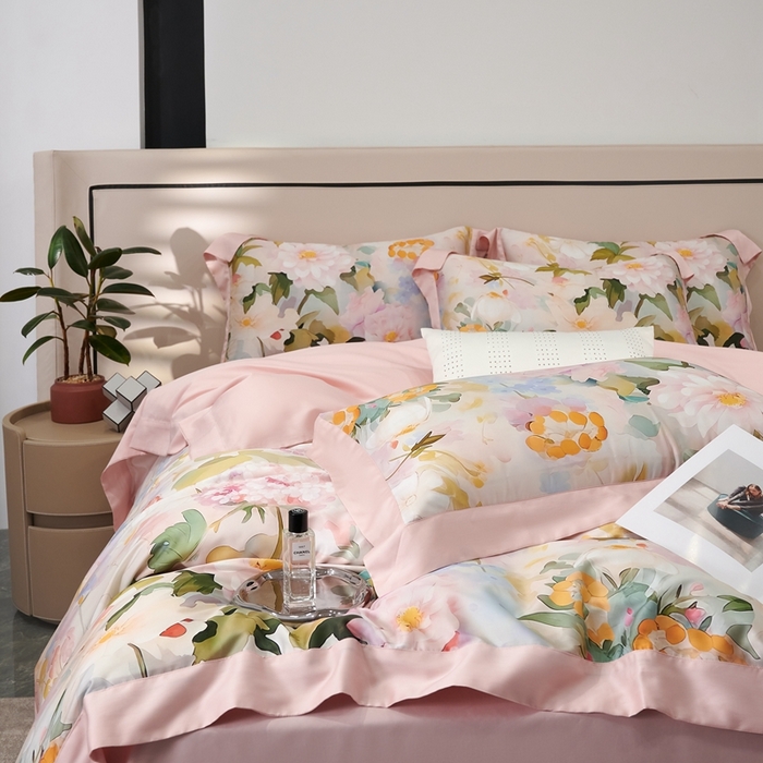 91家纺网 家纺一手货源 找家纺 榻尚家居 2024新款天丝棉数码印花四件套 千黛粉