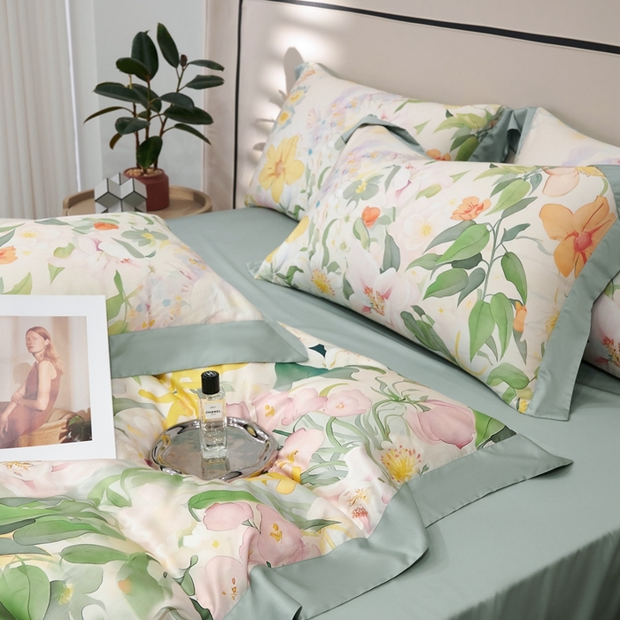 91家纺网 家纺一手货源 找家纺 榻尚家居 2024新款天丝棉数码印花四件套 如画绿