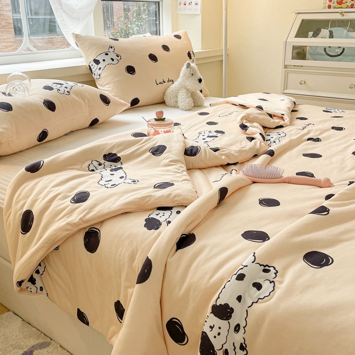 91家纺网 家纺一手货源 找家纺 沐慕 2024新款小清新加厚亲肤针织棉夏被 波点狗