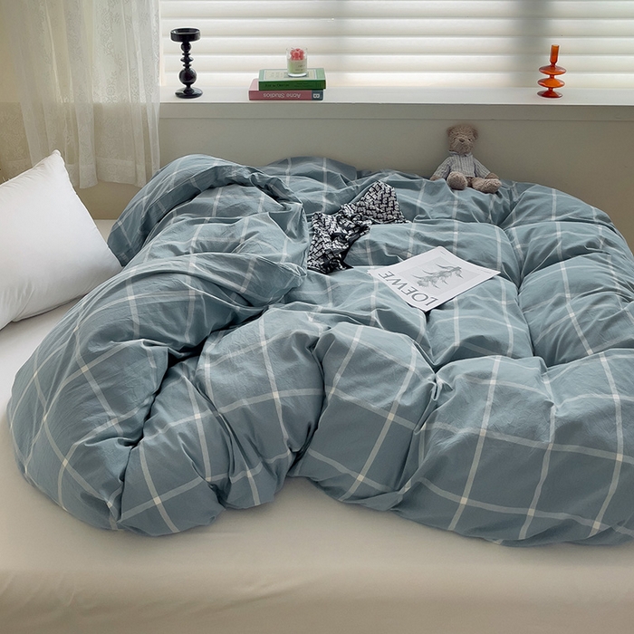 91家纺网 家纺一手货源 找家纺 大柏树 2025新款A类色织全棉水洗棉单品系列-单被套 蓝灰中格