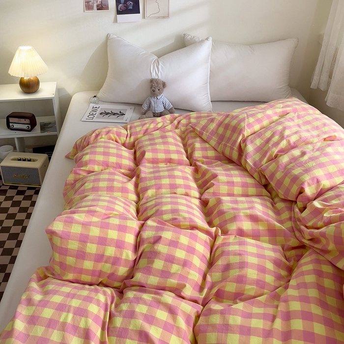 91家纺网 家纺一手货源 找家纺 大柏树 2025新款A类色织全棉水洗棉单品系列-单被套 黄粉三分格