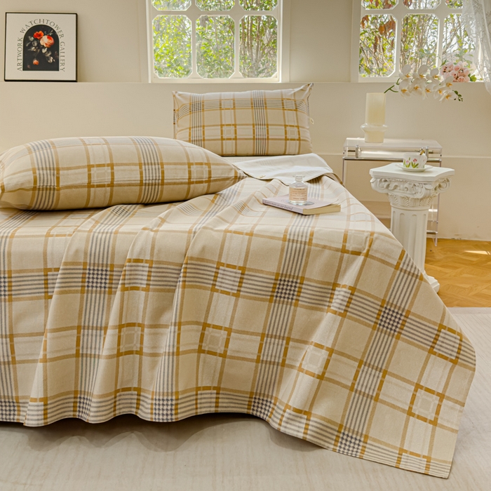 91家纺网 家纺一手货源 找家纺 金丝鸟 2024新款成人款A类全棉老粗布床单 咖小格