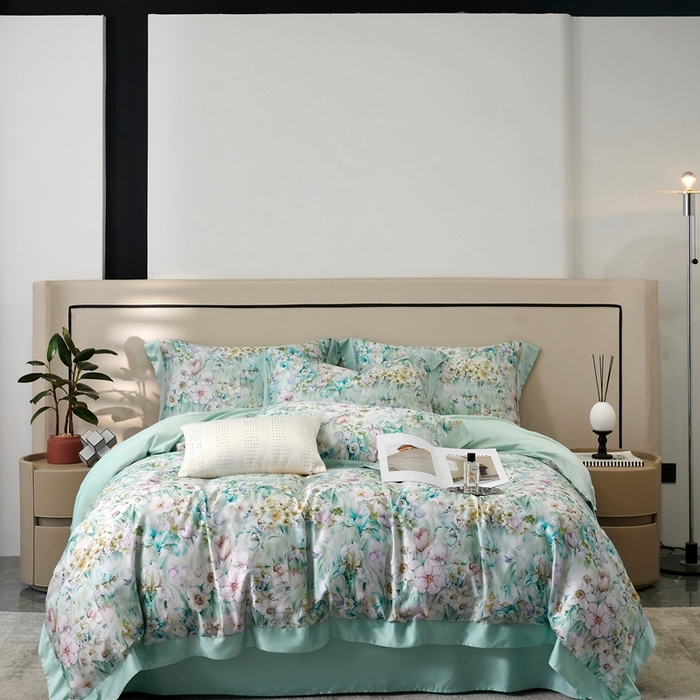 91家纺网 家纺一手货源 找家纺 榻尚家居 2024新款天丝棉数码印花四件套 繁花绿