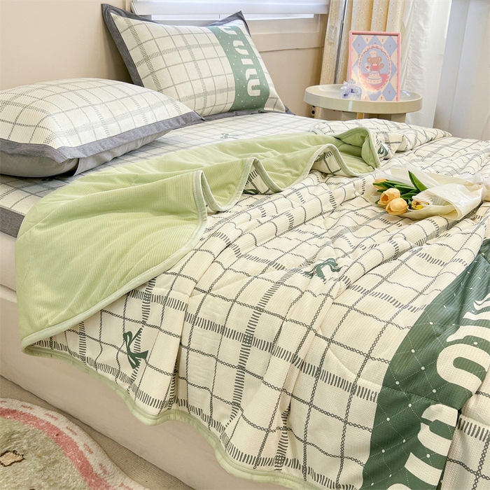91家纺网 家纺一手货源 找家纺 沐慕 2024新款小清新华夫格印花冰藤夏被四件套 华夫格-蝴蝶结绿