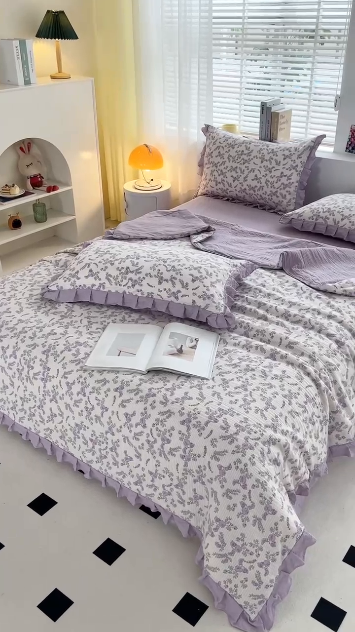 91家纺网 家纺一手货源 找家纺 富之航 2024新款时尚舒适泡泡棉夏被四件套紫苏