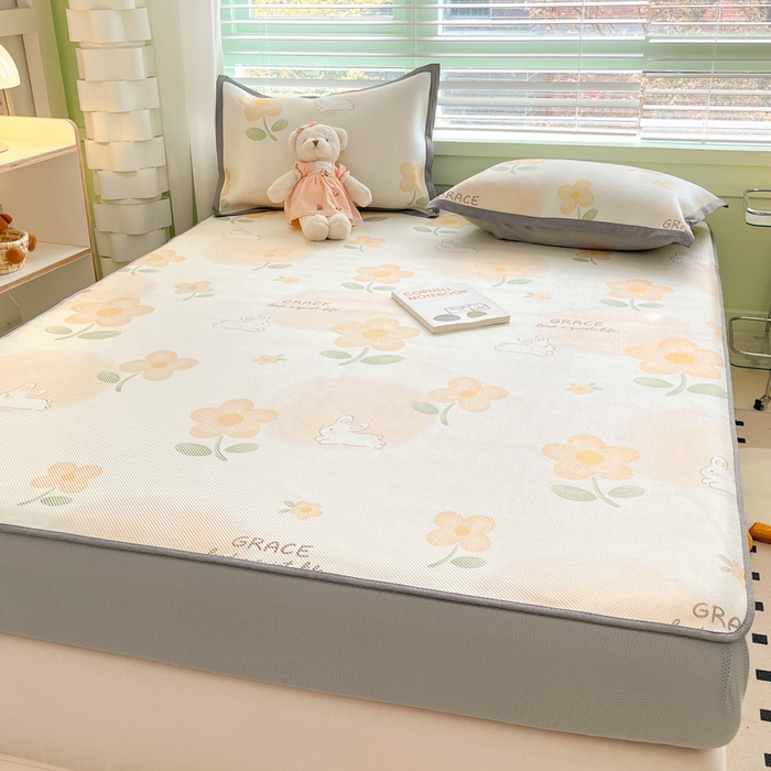 91家纺网 家纺一手货源 找家纺 沐慕 2024新款小清新印花冰藤床笠系列 床笠-花漾兔