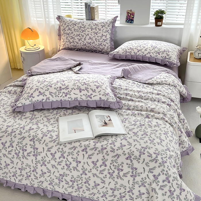 91家纺网 家纺一手货源 找家纺 富之航 2024新款时尚舒适泡泡棉夏被四件套紫苏