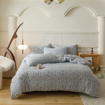 91家纺网 家纺一手货源 找家纺 瑞米家居 2024新款A类全棉针织棉四件套 夏树繁花-蓝