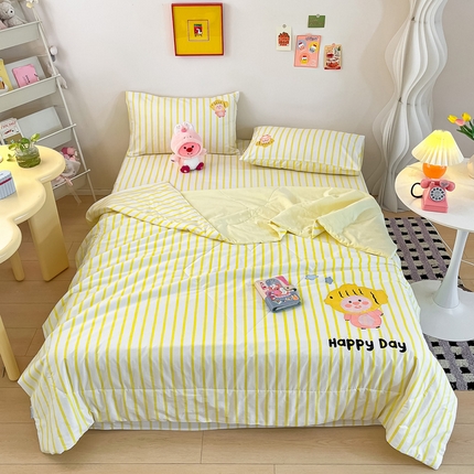 雅居纺家纺 2024新款全棉绣花夏被可配同款老粗布四件套 夏被-小海狸黄