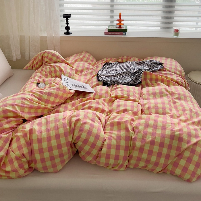 91家纺网 家纺一手货源 找家纺 大柏树 2025新款A类色织全棉水洗棉单品系列-单被套 黄粉三分格