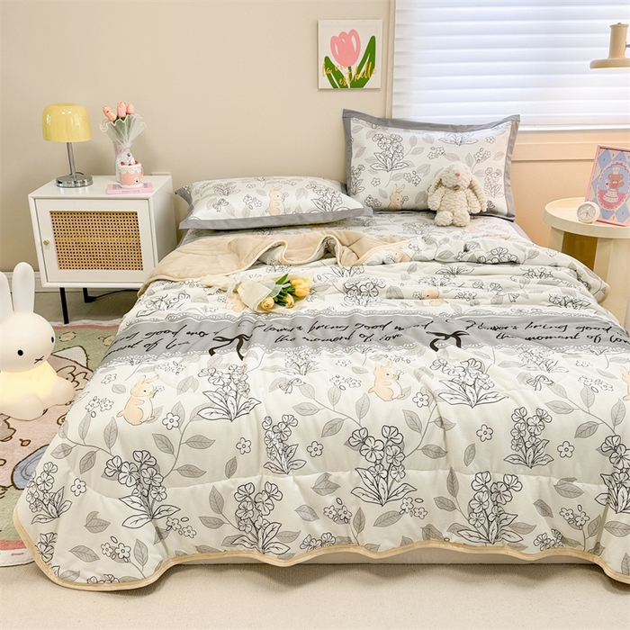 91家纺网 家纺一手货源 找家纺 沐慕 2024新款小清新华夫格印花冰藤夏被四件套 华夫格-秘境花园