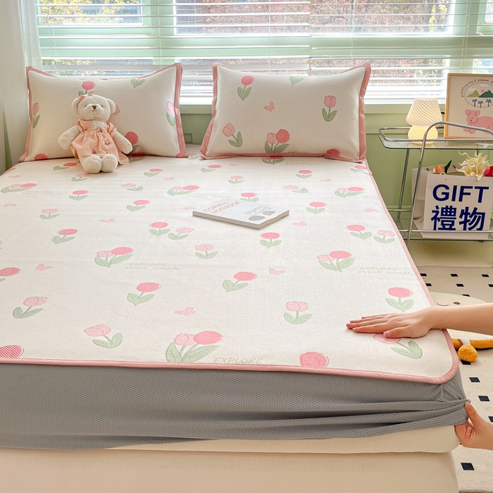 91家纺网 家纺一手货源 找家纺 沐慕 2024新款小清新印花冰藤床笠系列 床笠-粉嫩郁金香