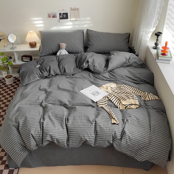 91家纺网 家纺一手货源 找家纺 大柏树 2025新款A类色织全棉水洗棉单品系列-四件套 灰细条