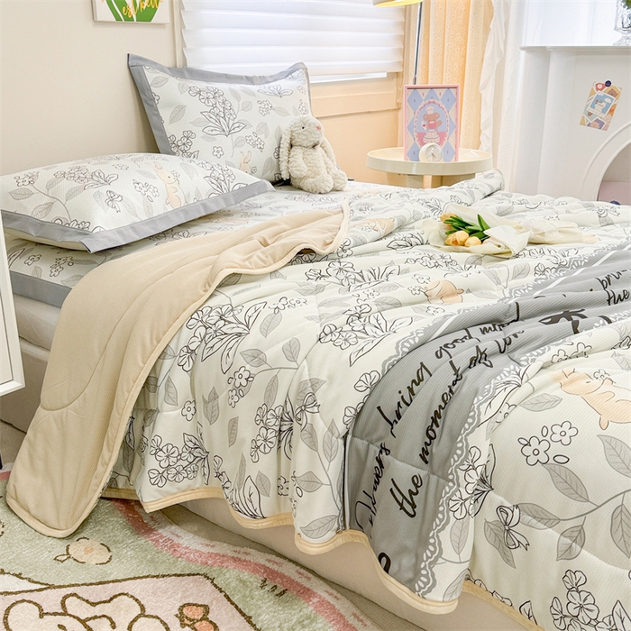 91家纺网 家纺一手货源 找家纺 沐慕 2024新款小清新华夫格印花冰藤夏被四件套 华夫格-秘境花园