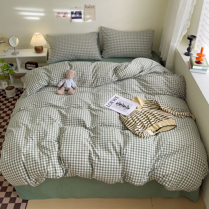 91家纺网 家纺一手货源 找家纺 大柏树 2025新款A类色织全棉水洗棉单品系列-四件套 绿小格