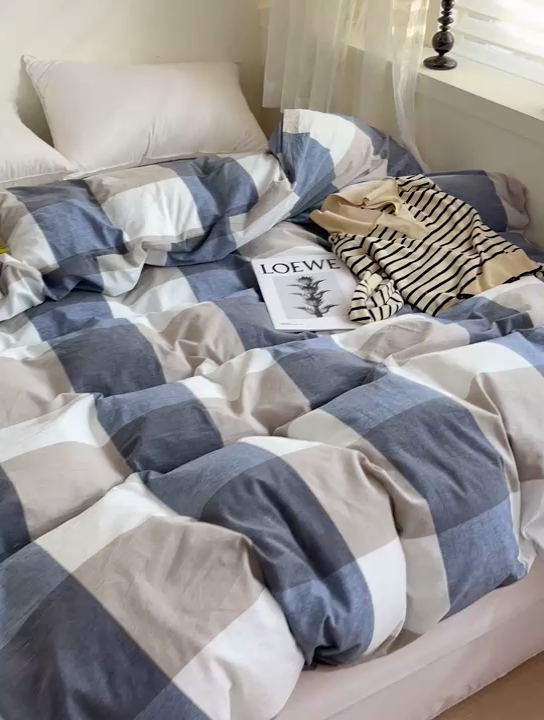 91家纺网 家纺一手货源 找家纺 大柏树 2025新款A类色织全棉水洗棉单品系列-单被套 蓝大格