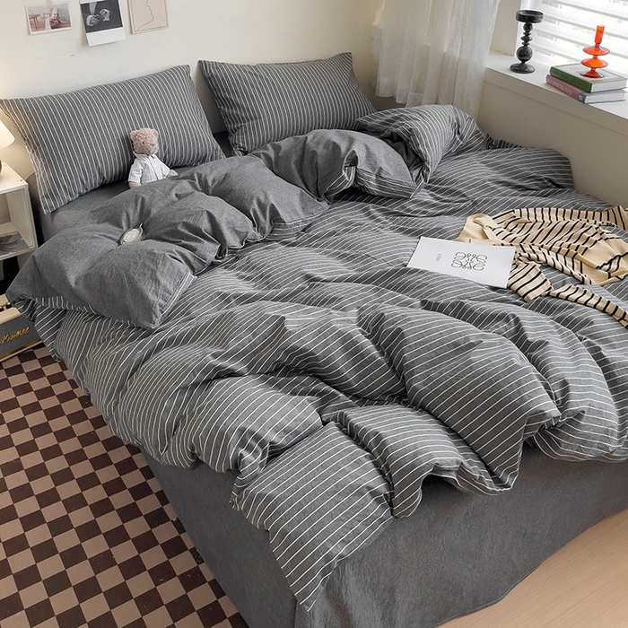 91家纺网 家纺一手货源 找家纺 大柏树 2025新款A类色织全棉水洗棉单品系列-四件套 灰细条