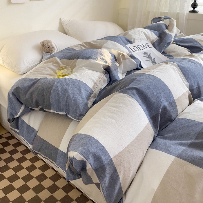 91家纺网 家纺一手货源 找家纺 大柏树 2025新款A类色织全棉水洗棉单品系列-单被套 蓝大格