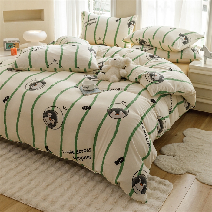 91家纺网 家纺一手货源 找家纺 瑞米家居 2024新款A类全棉针织棉四件套 企鹅-绿