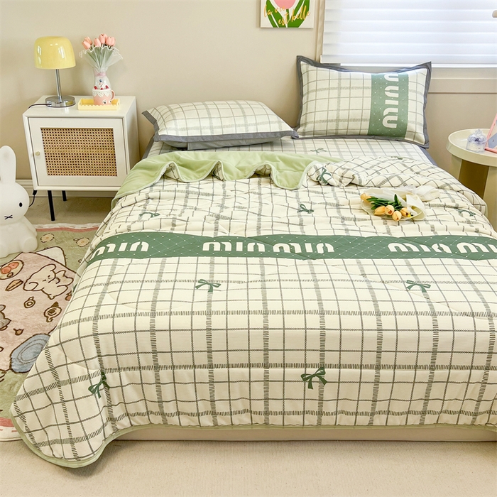 91家纺网 家纺一手货源 找家纺 沐慕 2024新款小清新华夫格印花冰藤夏被四件套 华夫格-蝴蝶结绿