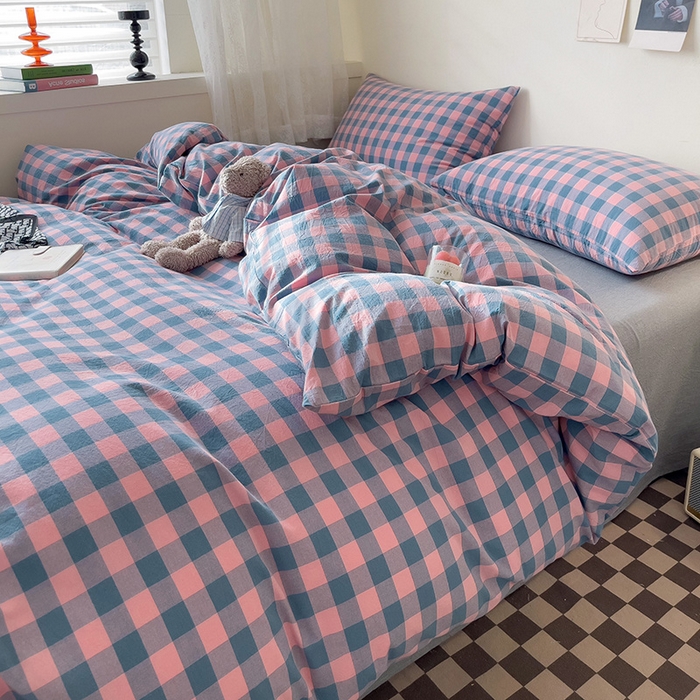 91家纺网 家纺一手货源 找家纺 大柏树 2025新款A类色织全棉水洗棉单品系列-四件套 粉灰小格