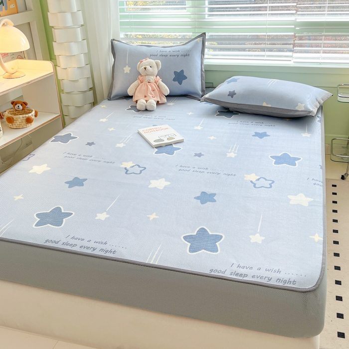 91家纺网 家纺一手货源 找家纺 沐慕 2024新款小清新印花冰藤床笠系列 床笠-星星点点