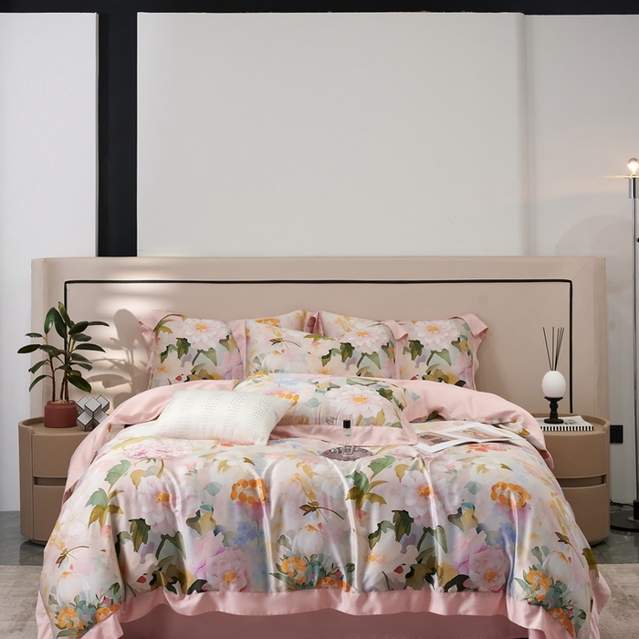 91家纺网 家纺一手货源 找家纺 榻尚家居 2024新款天丝棉数码印花四件套 千黛粉