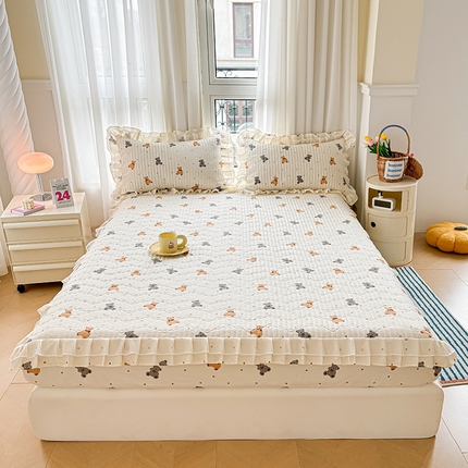 宜凡 2024新款全棉床笠双层花边三件套 泰迪斯熊