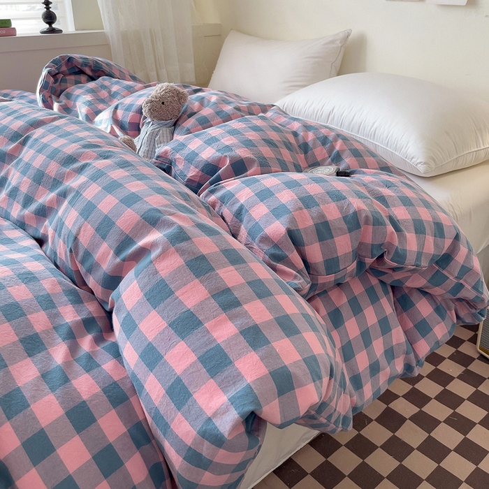 91家纺网 家纺一手货源 找家纺 大柏树 2025新款A类色织全棉水洗棉单品系列-单被套 粉灰小格