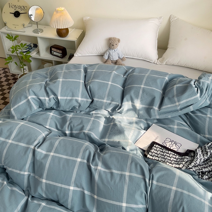 91家纺网 家纺一手货源 找家纺 大柏树 2025新款A类色织全棉水洗棉单品系列-单被套 蓝灰中格