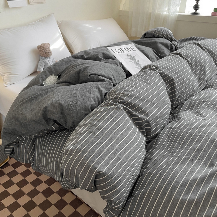 91家纺网 家纺一手货源 找家纺 大柏树 2025新款A类色织全棉水洗棉单品系列-单被套 灰细条