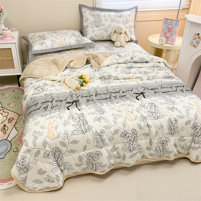 91家纺网 家纺一手货源 找家纺 沐慕 2024新款小清新华夫格印花冰藤夏被四件套 华夫格-秘境花园