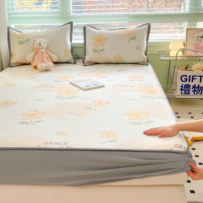 91家纺网 家纺一手货源 找家纺 沐慕 2024新款小清新印花冰藤床笠系列 床笠-花漾兔