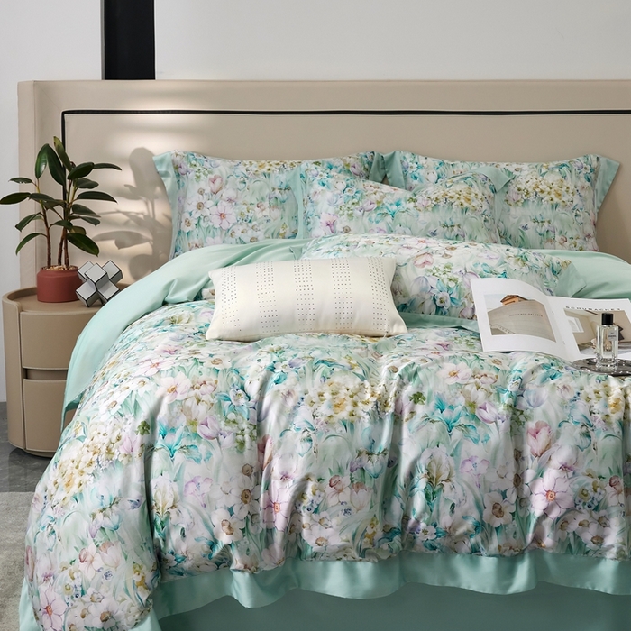 91家纺网 家纺一手货源 找家纺 榻尚家居 2024新款天丝棉数码印花四件套 繁花绿