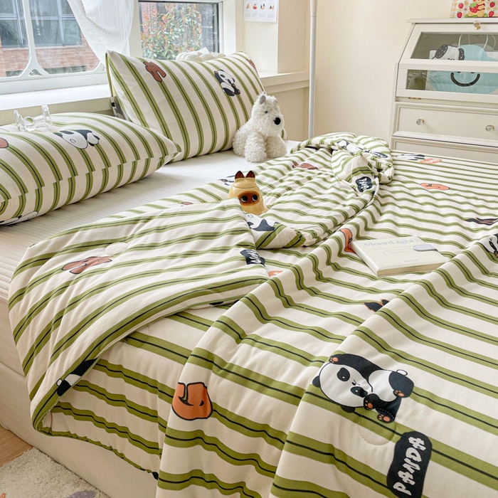 91家纺网 家纺一手货源 找家纺 沐慕 2024新款小清新加厚亲肤针织棉夏被 熊猫派派