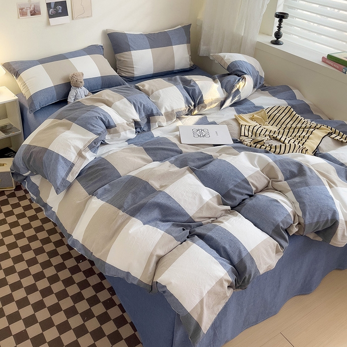 91家纺网 家纺一手货源 找家纺 大柏树 2025新款A类色织全棉水洗棉单品系列-四件套 蓝大格