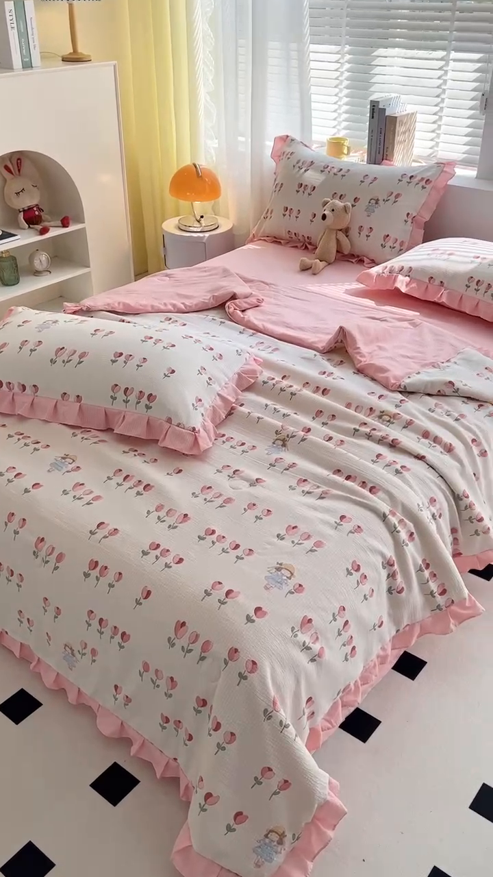 91家纺网 家纺一手货源 找家纺 富之航 2024新款时尚舒适泡泡棉夏被四件套伊梦