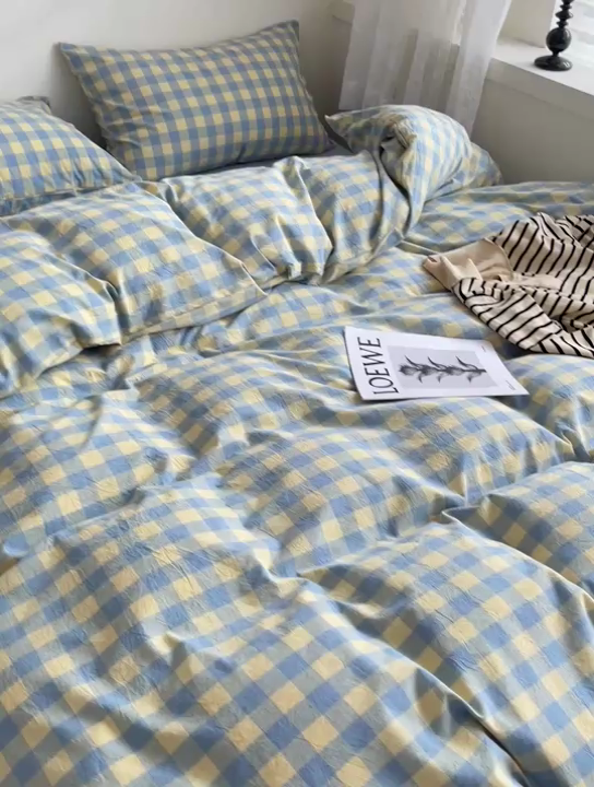 91家纺网 家纺一手货源 找家纺 大柏树 2025新款A类色织全棉水洗棉单品系列-四件套 蓝黄三分格