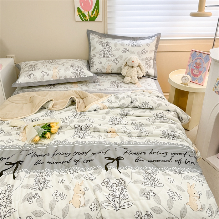 91家纺网 家纺一手货源 找家纺 沐慕 2024新款小清新华夫格印花冰藤夏被四件套 华夫格-秘境花园