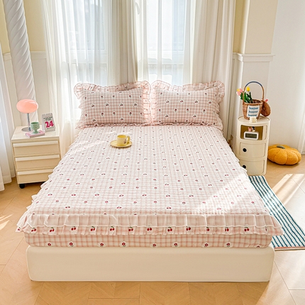 宜凡 2024新款全棉床笠双层花边三件套 满格樱桃